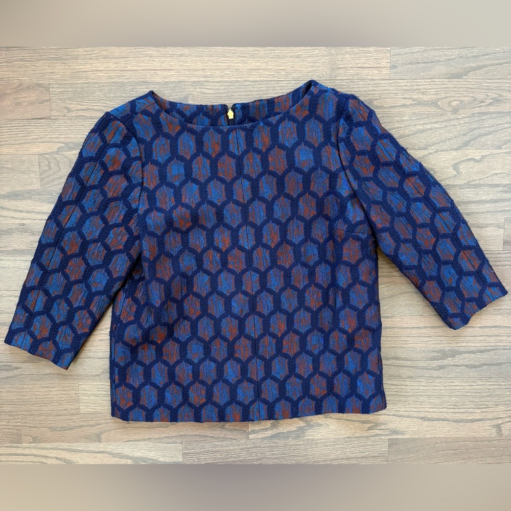 ❗️SOLD❗️Tory Burch Navy Geometric Jacquard Top Size 6 3/4 Sleeve Gold Zip